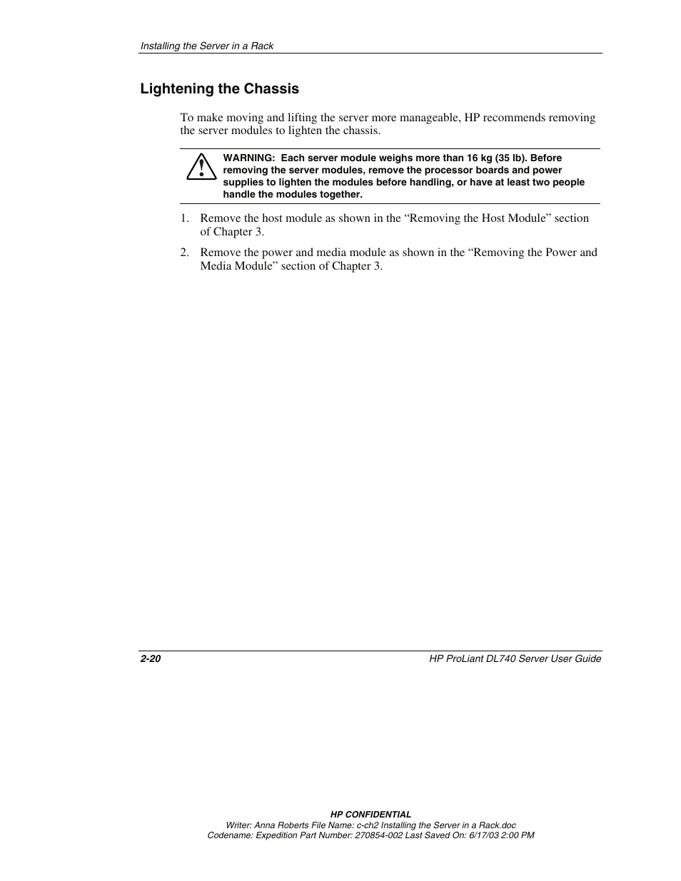 Lightening the chassis, Lightening the chassis -20 | HP ProLiant DL740 Server User Manual | Page 63 / 277