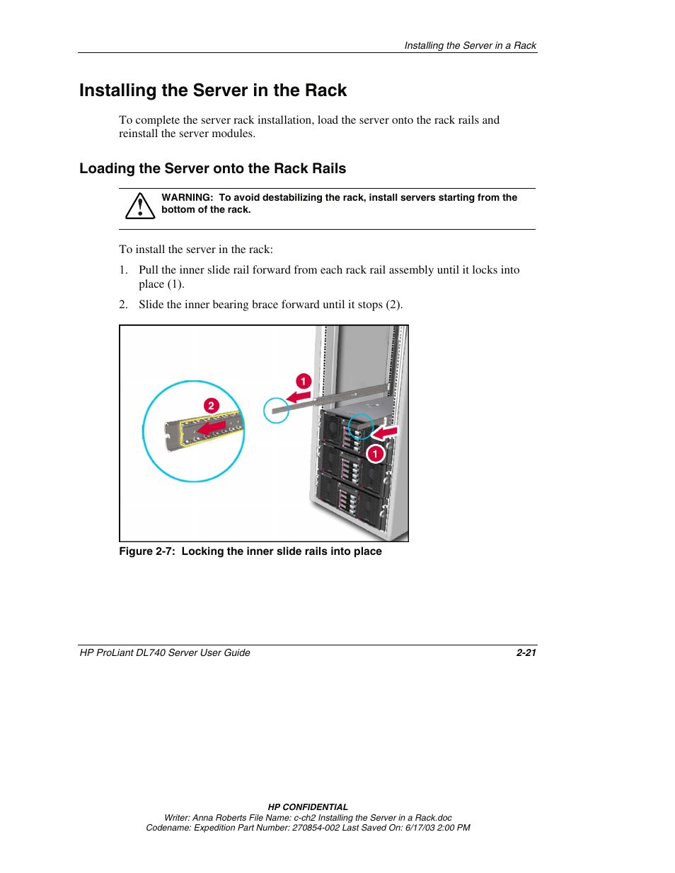 Installing the server in the rack, Loading the server onto the rack rails, Installing the server in the rack -21 | Loading the server onto the rack rails -21 | HP ProLiant DL740 Server User Manual | Page 64 / 277