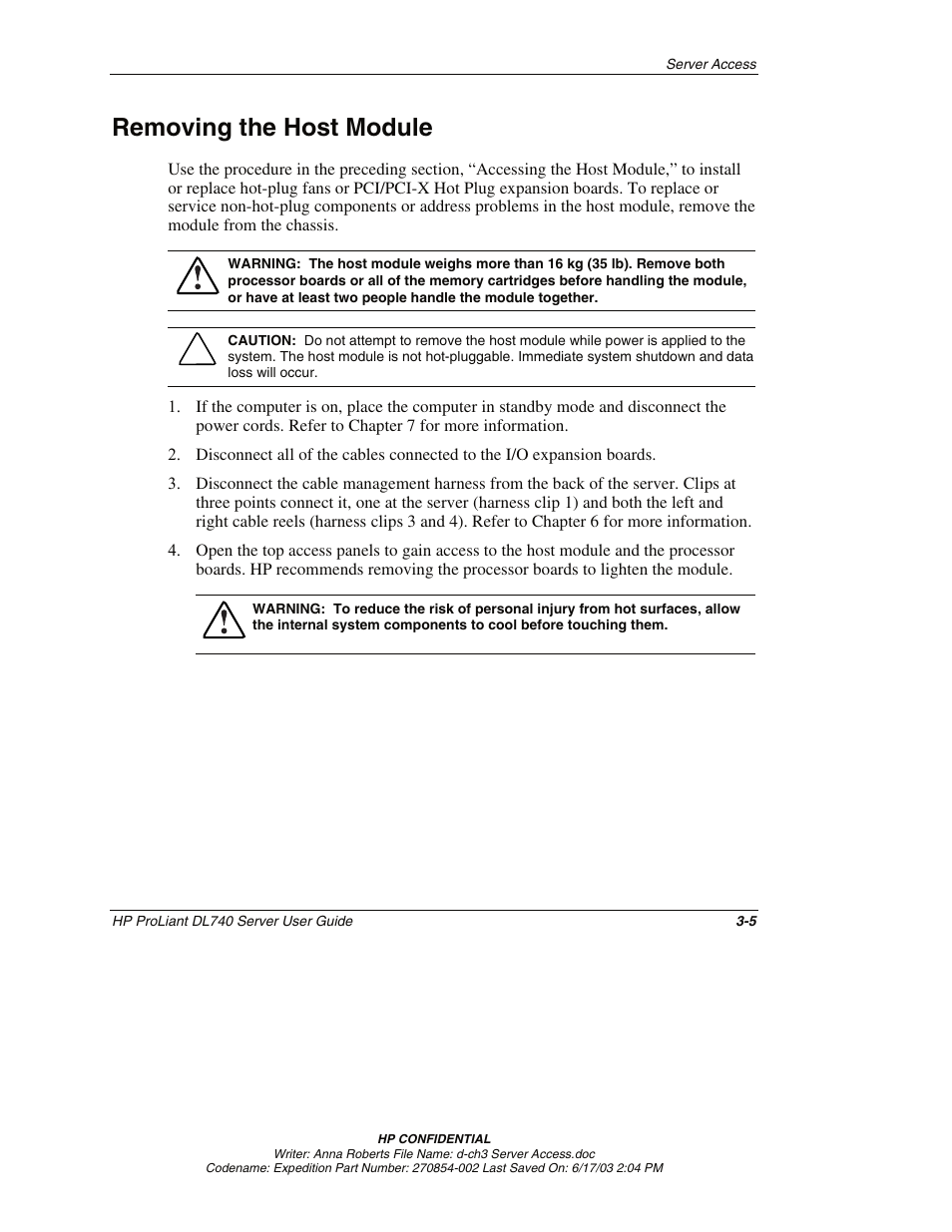 Removing the host module, Removing the host module -5 | HP ProLiant DL740 Server User Manual | Page 72 / 277