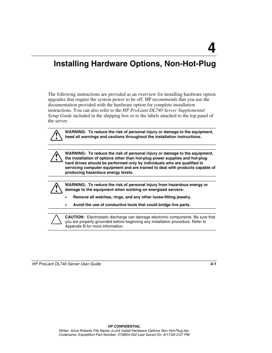 Chapter 4, Installing hardware options, non-hot-plug | HP ProLiant DL740 Server User Manual | Page 83 / 277