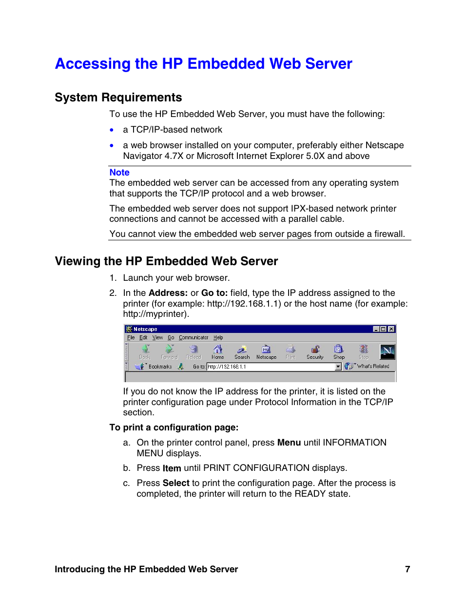 Accessing the hp embedded web server, System requirements, Viewing the hp embedded web server | HP LaserJet 8150 Printer series User Manual | Page 11 / 63