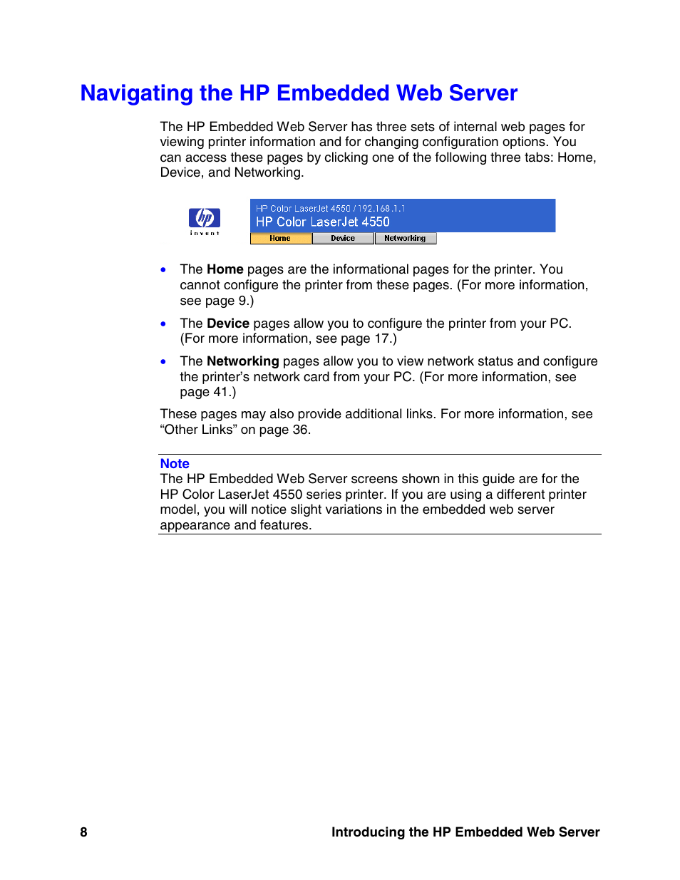 Navigating the hp embedded web server | HP LaserJet 8150 Printer series User Manual | Page 12 / 63