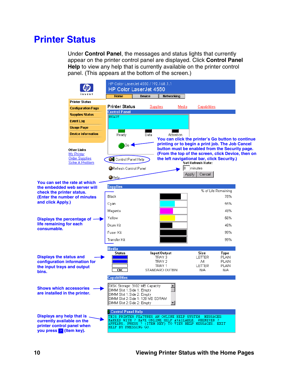 Printer status, E 10) | HP LaserJet 8150 Printer series User Manual | Page 14 / 63
