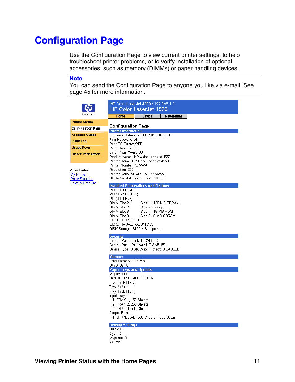 E 11), Configuration page | HP LaserJet 8150 Printer series User Manual | Page 15 / 63