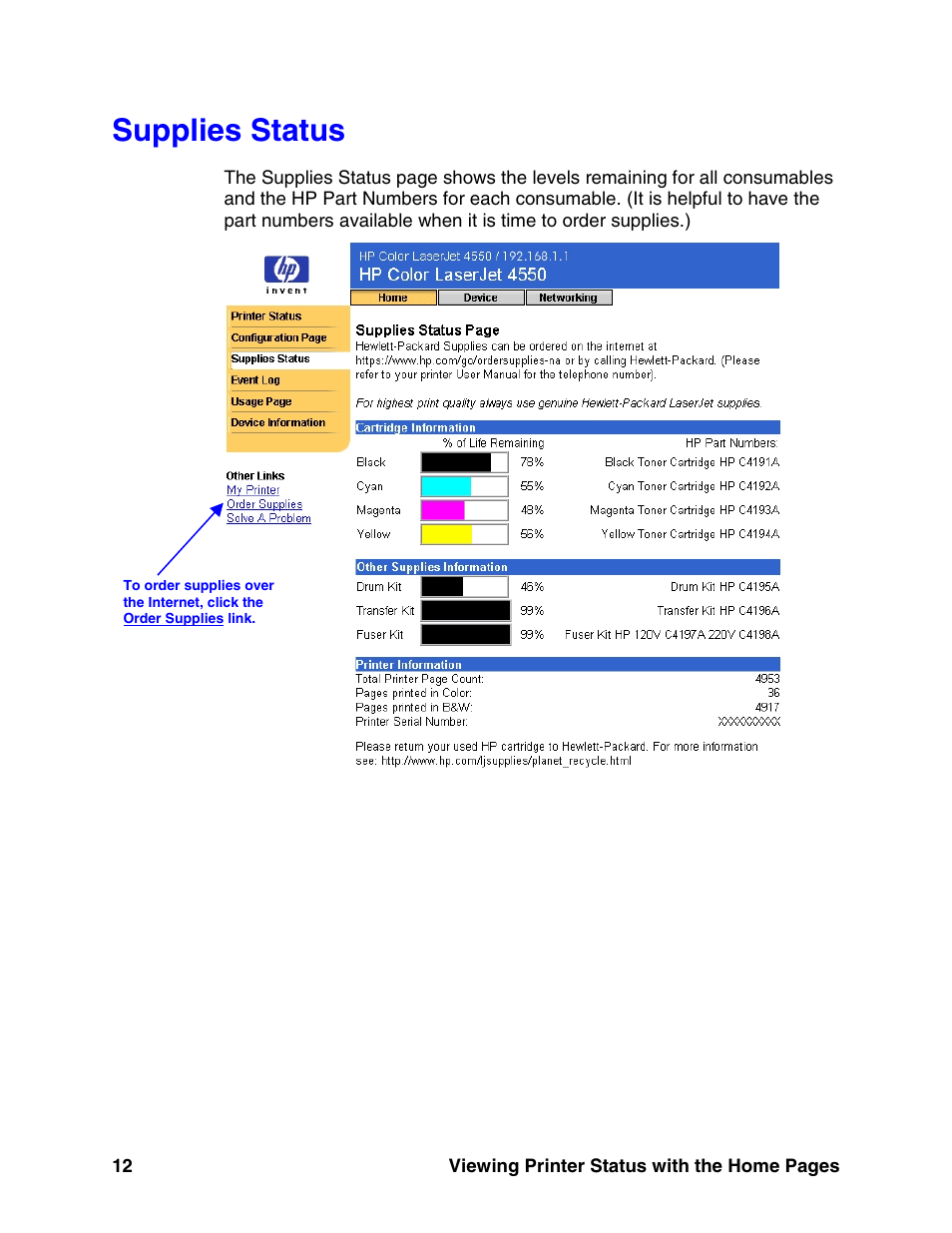 Supplies status, E 12) | HP LaserJet 8150 Printer series User Manual | Page 16 / 63