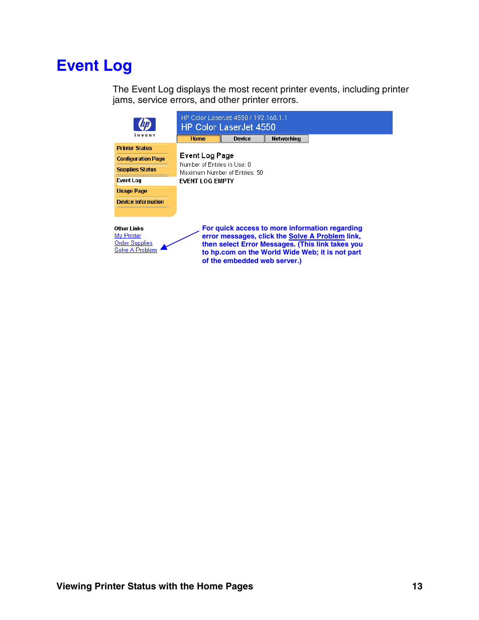 Event log, E 13) | HP LaserJet 8150 Printer series User Manual | Page 17 / 63