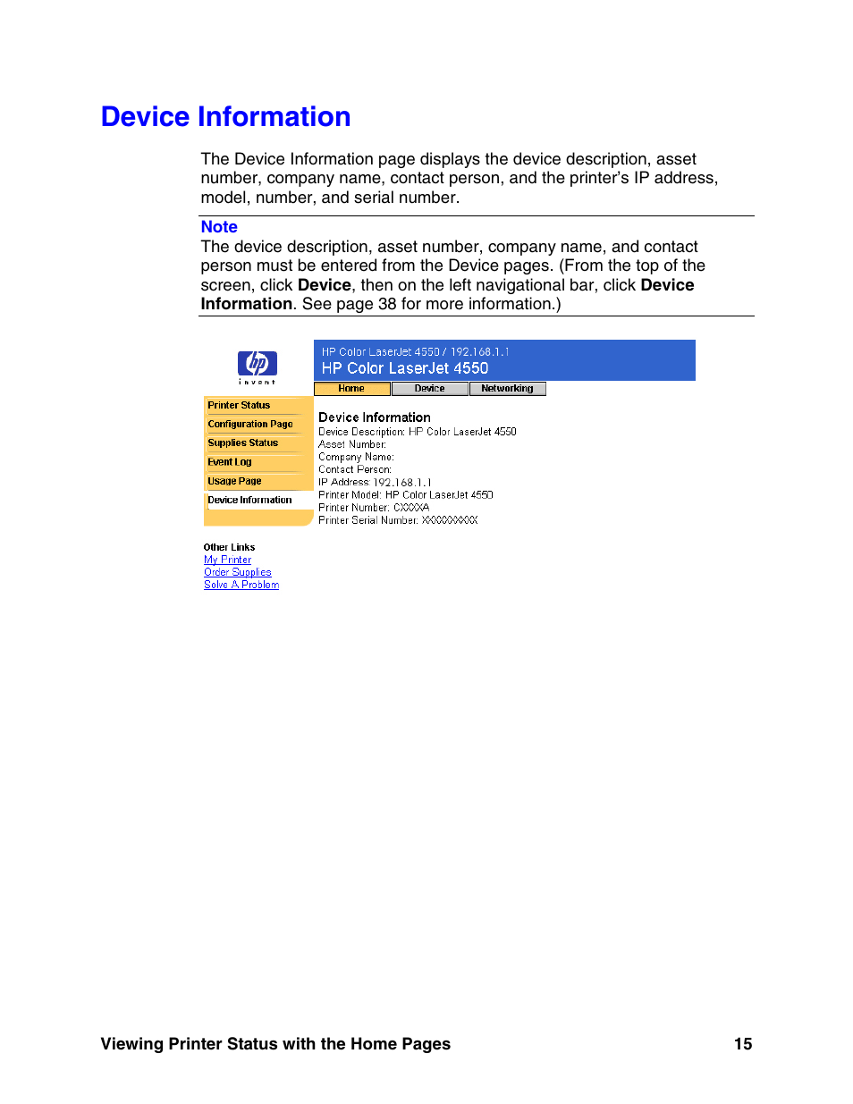 Device information, E 15) | HP LaserJet 8150 Printer series User Manual | Page 19 / 63