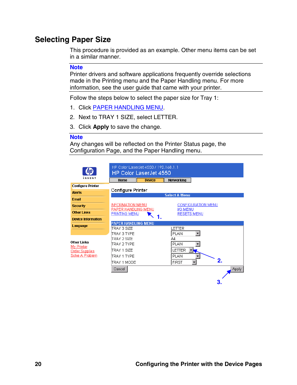 Selecting paper size | HP LaserJet 8150 Printer series User Manual | Page 24 / 63