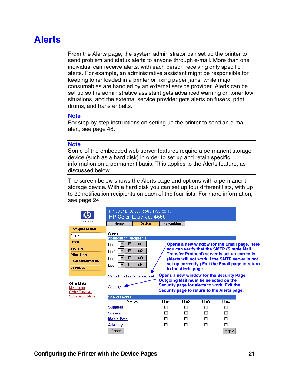 Alerts, E 21) | HP LaserJet 8150 Printer series User Manual | Page 25 / 63