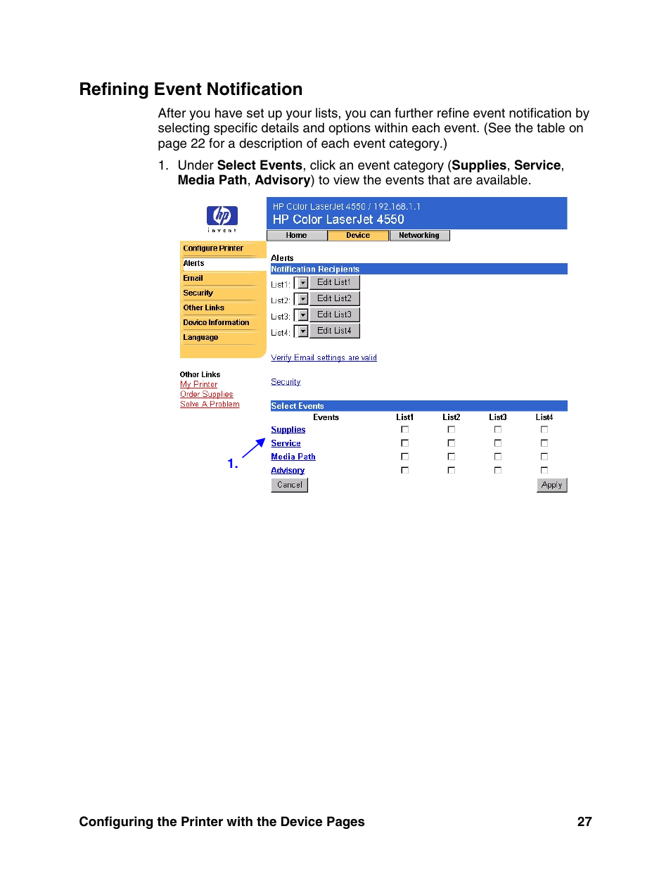 Refining event notification, E “refining event notification” on | HP LaserJet 8150 Printer series User Manual | Page 31 / 63