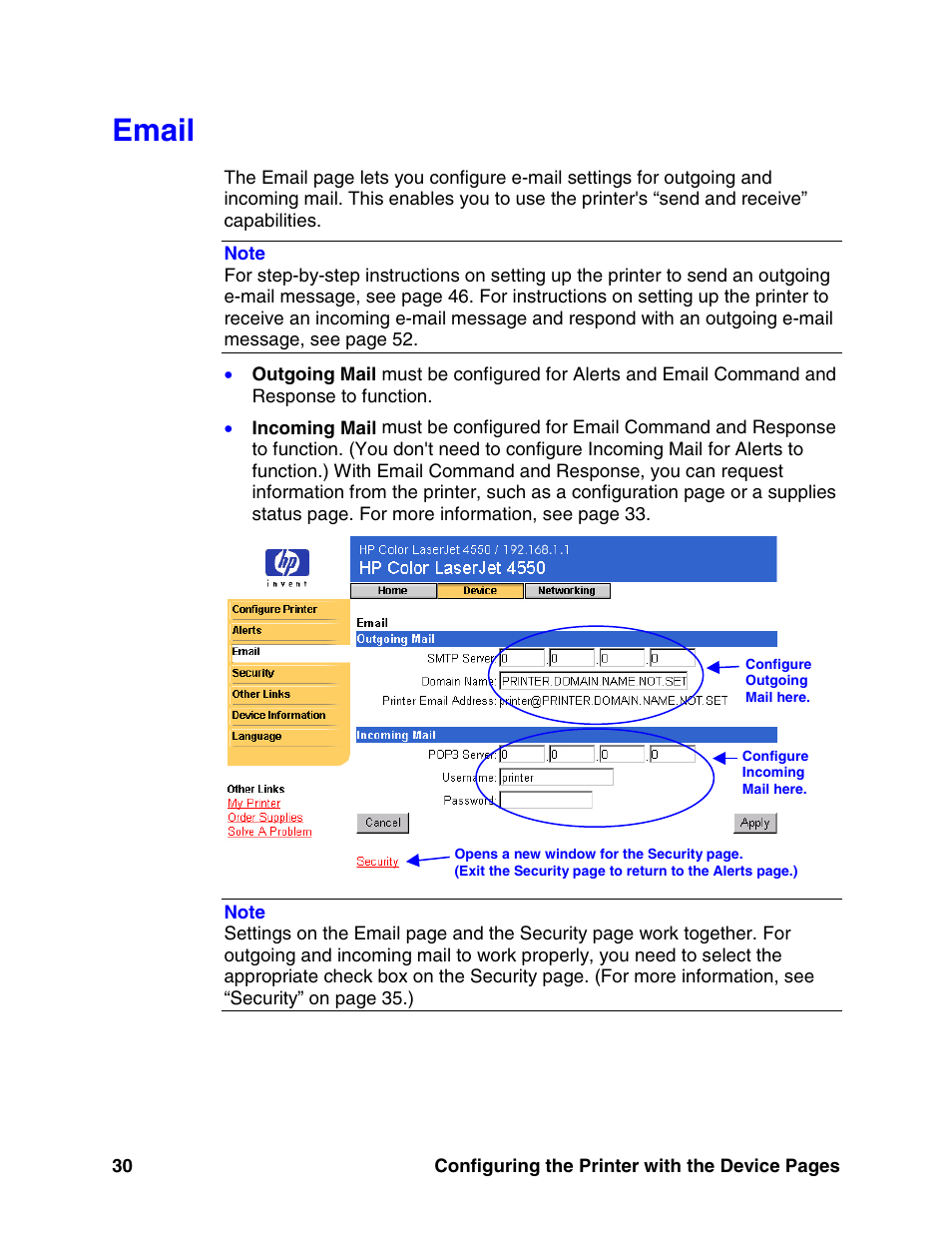 Email, E 30) | HP LaserJet 8150 Printer series User Manual | Page 34 / 63