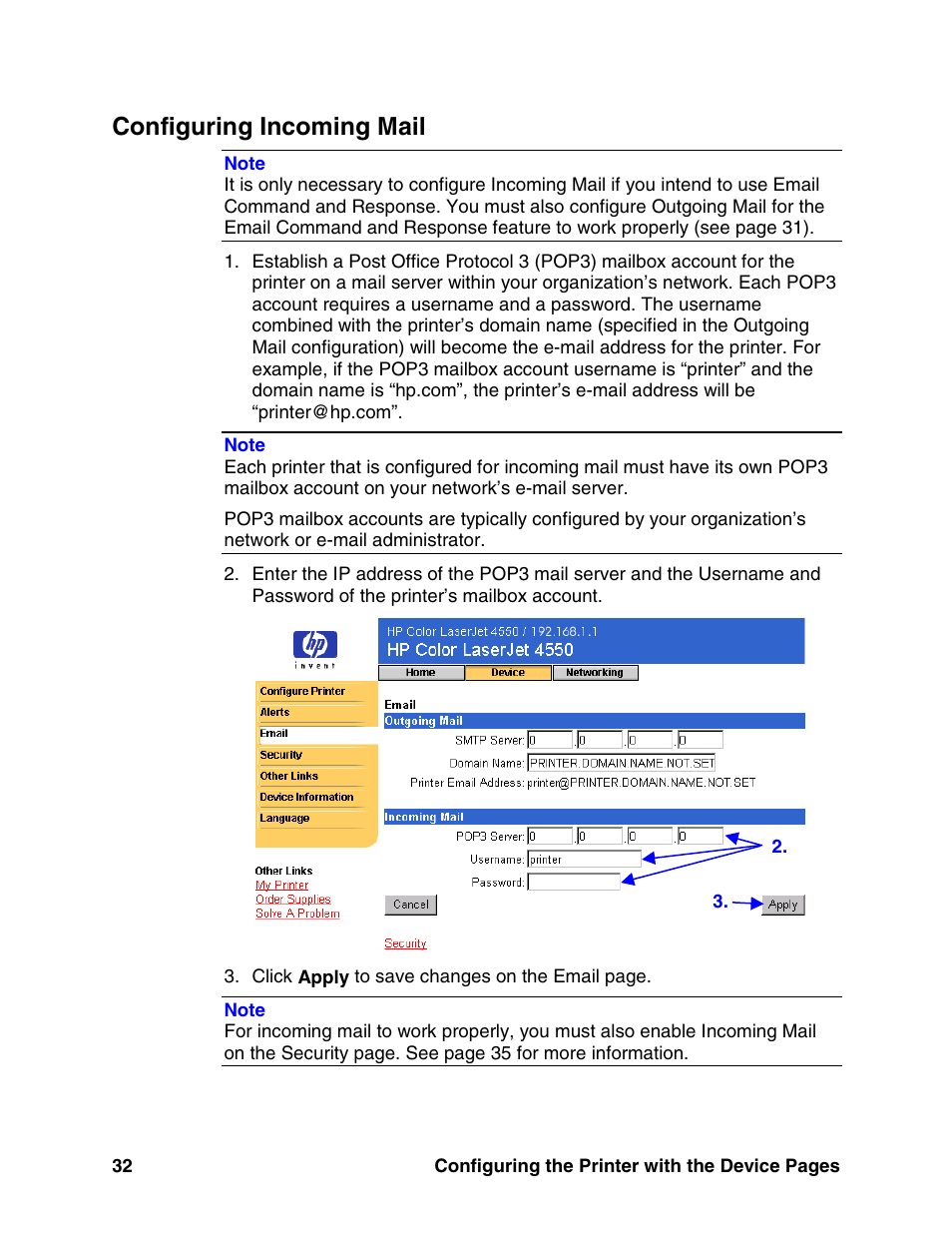 Configuring incoming mail | HP LaserJet 8150 Printer series User Manual | Page 36 / 63