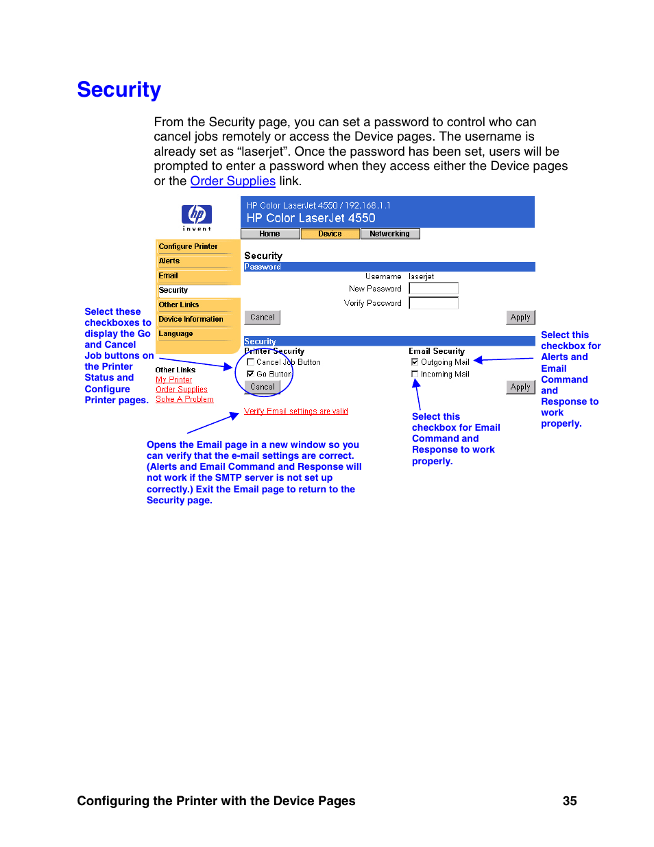 Security, E 35) | HP LaserJet 8150 Printer series User Manual | Page 39 / 63