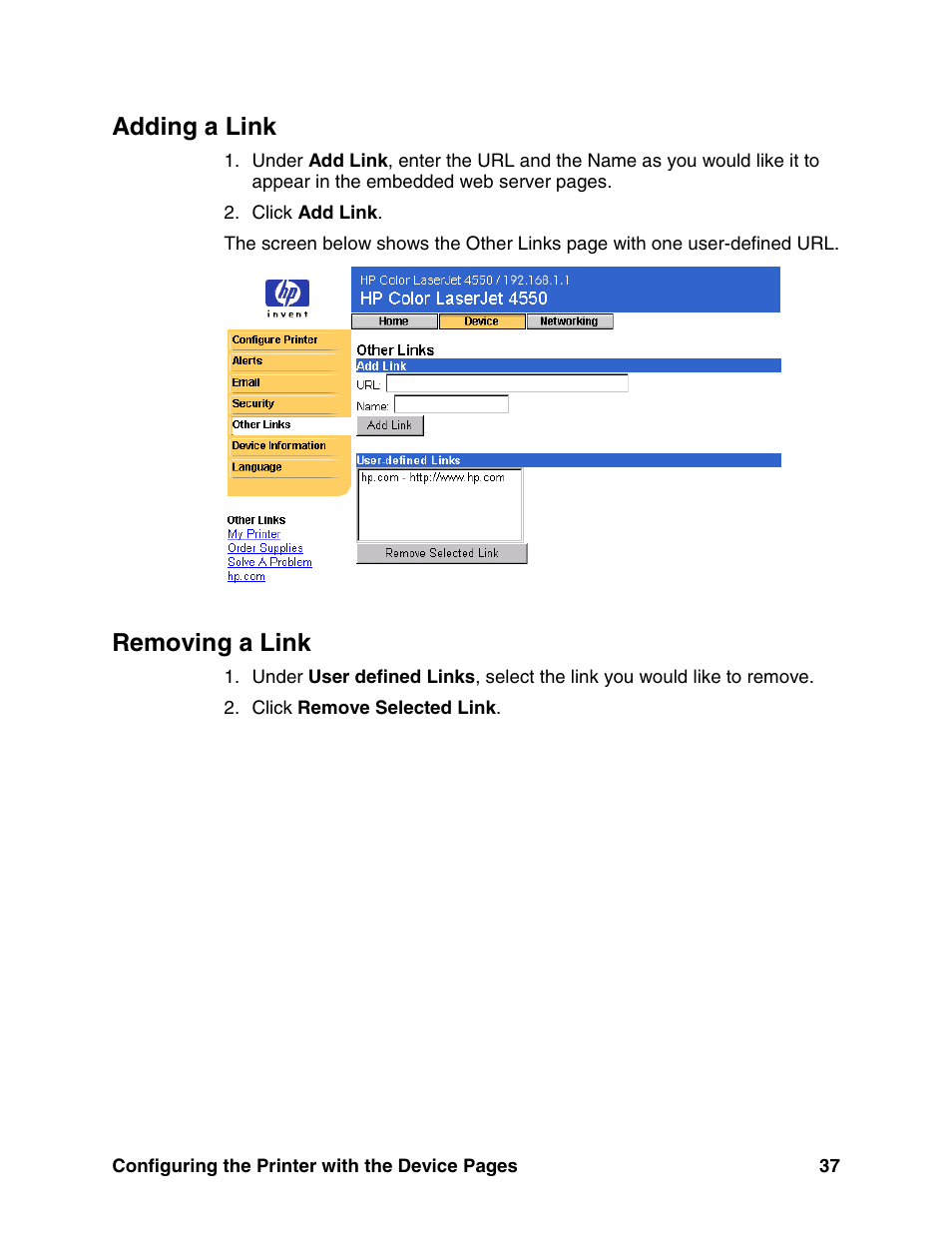 Adding a link, Removing a link, Adding a link removing a link | HP LaserJet 8150 Printer series User Manual | Page 41 / 63