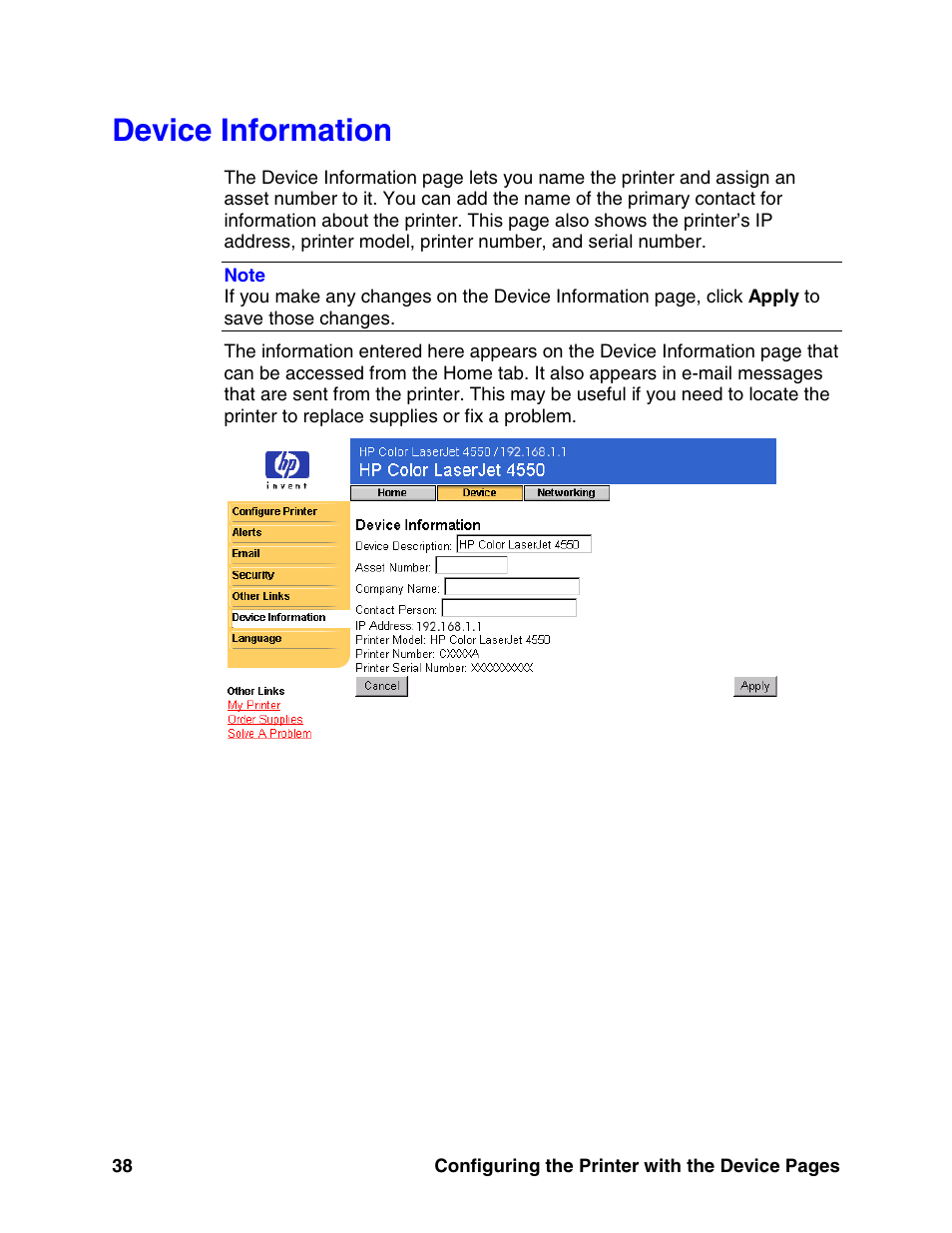 Device information, E 38) | HP LaserJet 8150 Printer series User Manual | Page 42 / 63