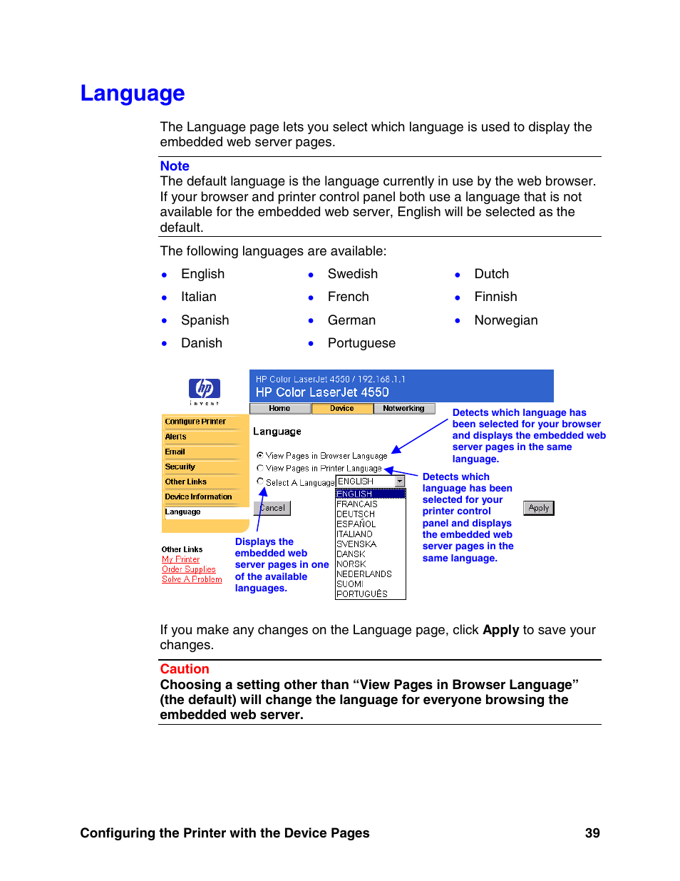 Language, E 39) | HP LaserJet 8150 Printer series User Manual | Page 43 / 63