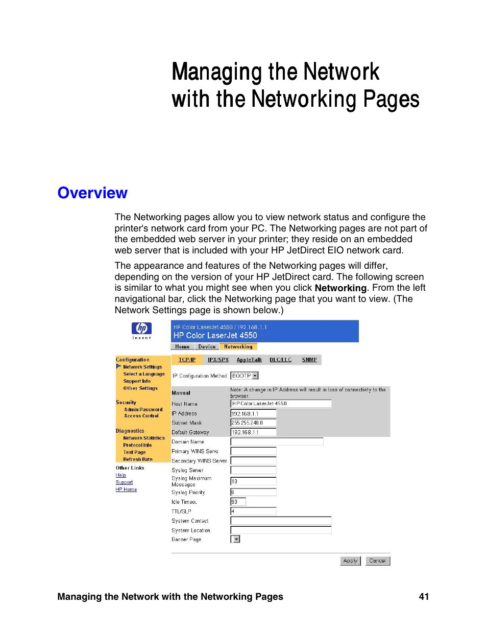 Overview, E 41.), Managing the network | HP LaserJet 8150 Printer series User Manual | Page 45 / 63