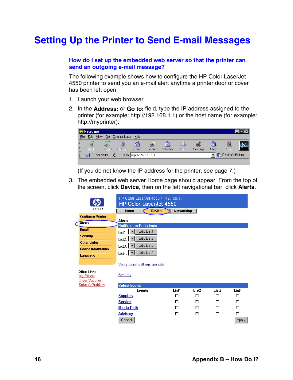 Setting up the printer to send e-mail messages, E 46. for | HP LaserJet 8150 Printer series User Manual | Page 50 / 63