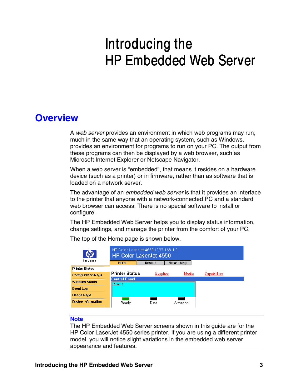 Introducing the hp€embedded web server, Overview, Introducing the hp embedded web server | Introducing the | HP LaserJet 8150 Printer series User Manual | Page 7 / 63