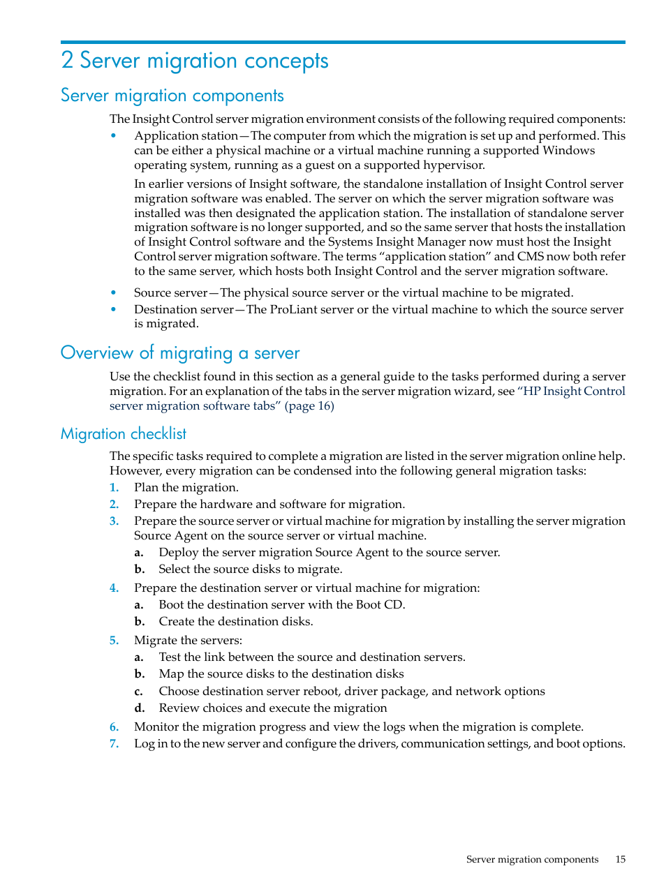 2 server migration concepts, Server migration components, Overview of migrating a server | Migration checklist | HP Insight Control User Manual | Page 15 / 94