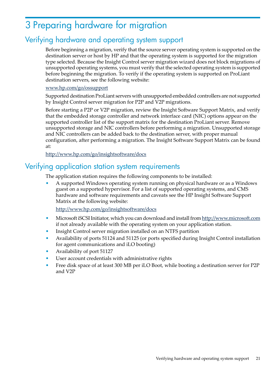 3 preparing hardware for migration, Verifying hardware and operating system support, Verifying application station system requirements | HP Insight Control User Manual | Page 21 / 94