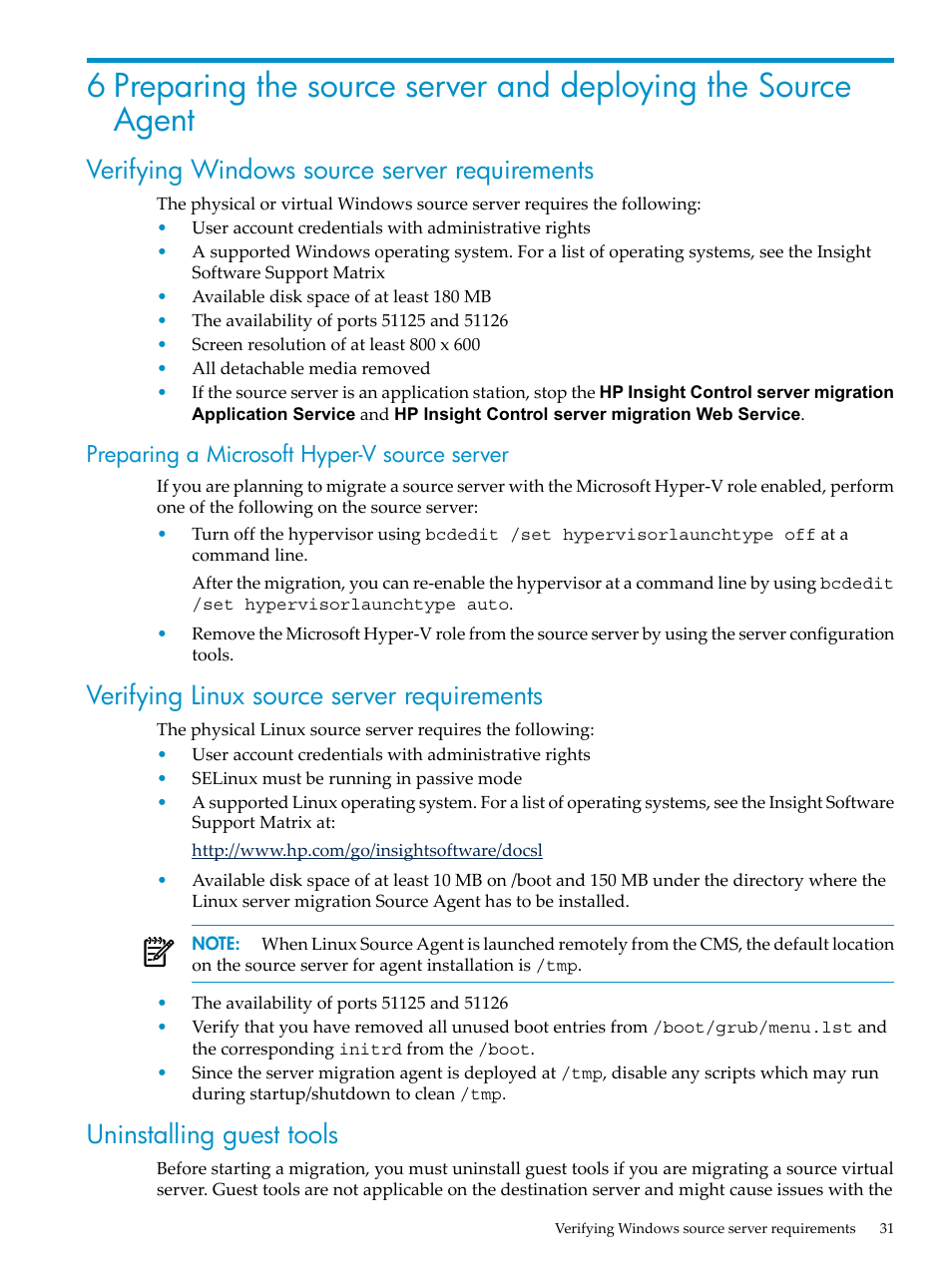 Verifying windows source server requirements, Preparing a microsoft hyper-v source server, Verifying linux source server requirements | Uninstalling guest tools | HP Insight Control User Manual | Page 31 / 94