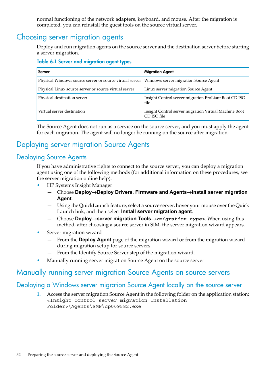 Choosing server migration agents, Deploying server migration source agents, Deploying source agents | HP Insight Control User Manual | Page 32 / 94