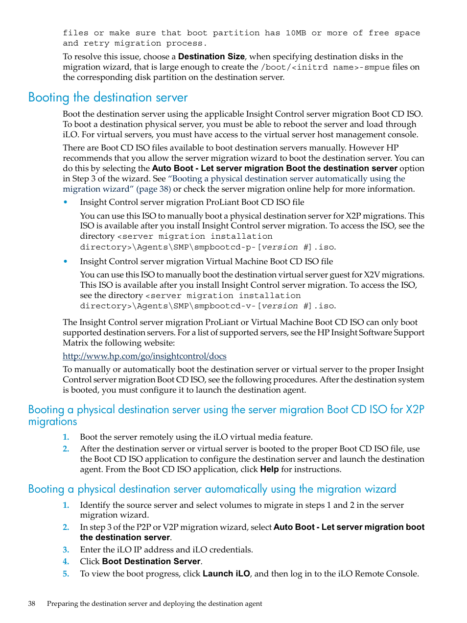 Booting the destination server | HP Insight Control User Manual | Page 38 / 94