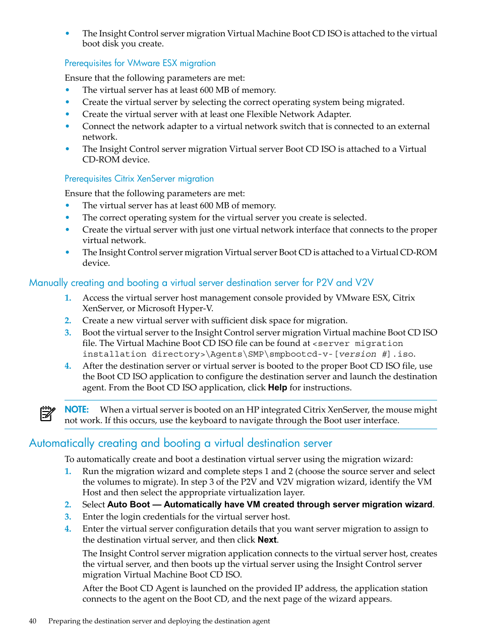 Prerequisites for vmware esx migration, Prerequisites citrix xenserver migration | HP Insight Control User Manual | Page 40 / 94