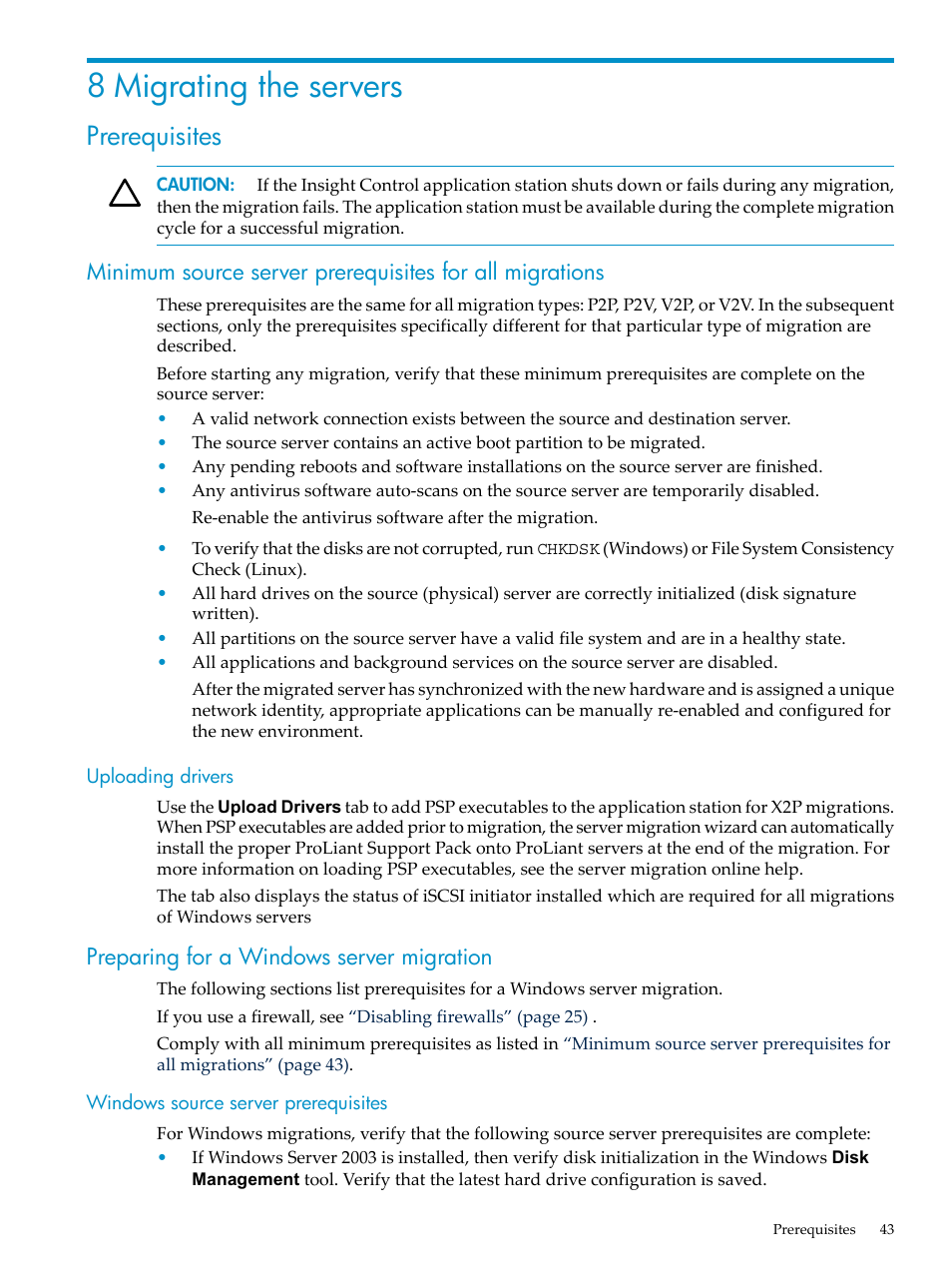 8 migrating the servers, Prerequisites, Uploading drivers | Preparing for a windows server migration, Windows source server prerequisites, Uploading | HP Insight Control User Manual | Page 43 / 94