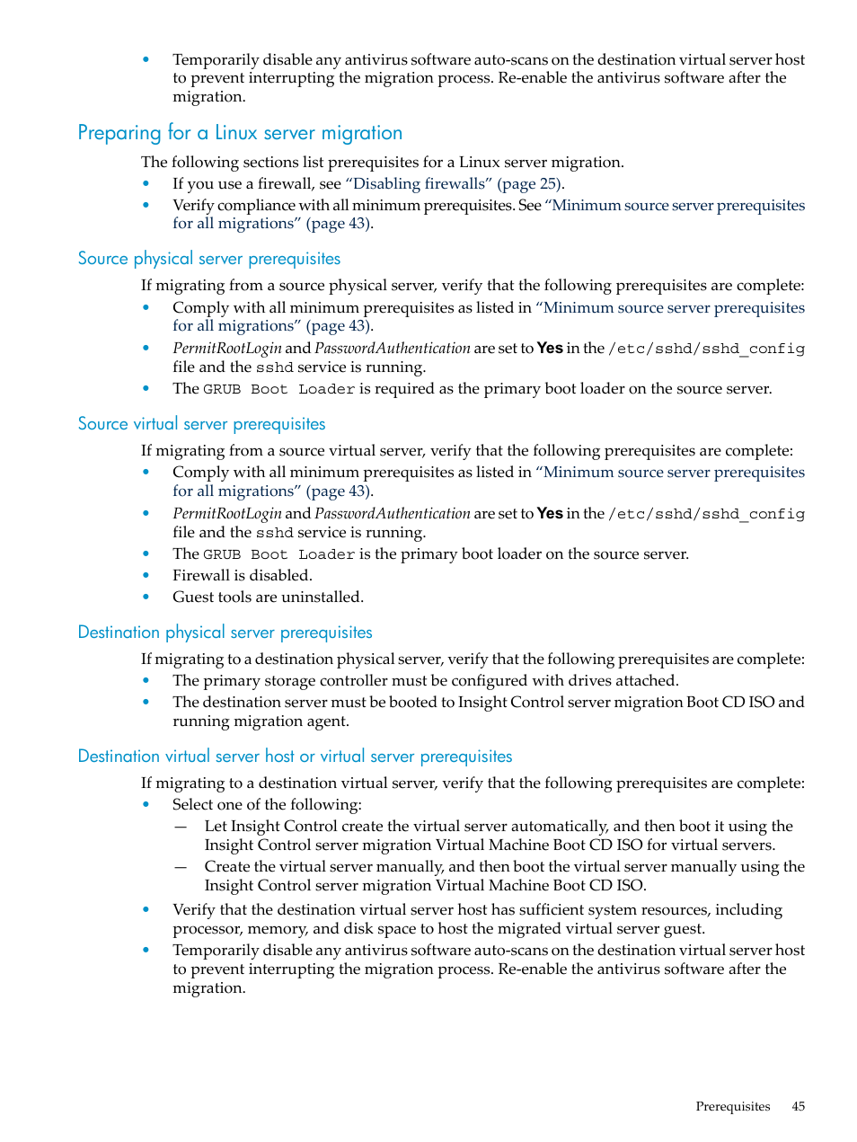 Preparing for a linux server migration, Source physical server prerequisites, Source virtual server prerequisites | Destination physical server prerequisites | HP Insight Control User Manual | Page 45 / 94