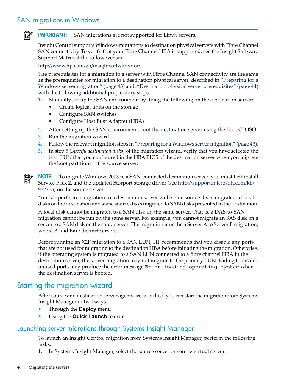 San migrations in windows, Starting the migration wizard | HP Insight Control User Manual | Page 46 / 94