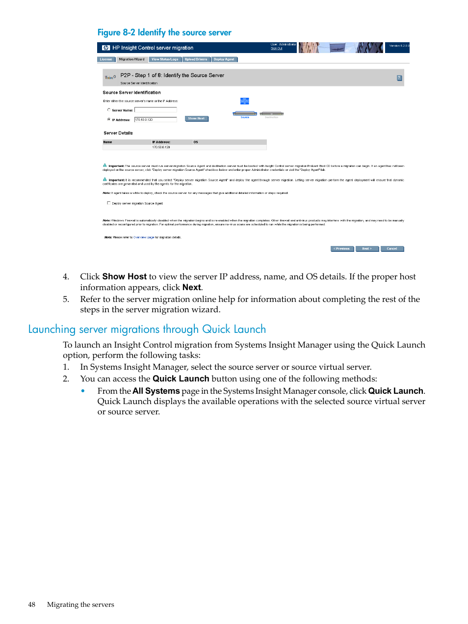 Launching server migrations through quick launch | HP Insight Control User Manual | Page 48 / 94