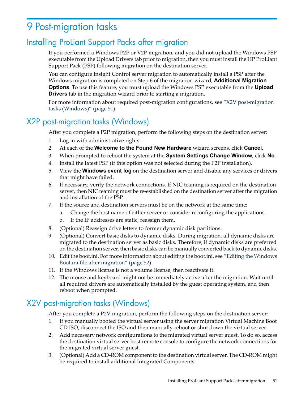 9 post-migration tasks, Installing proliant support packs after migration, X2p post-migration tasks (windows) | X2v post-migration tasks (windows) | HP Insight Control User Manual | Page 51 / 94