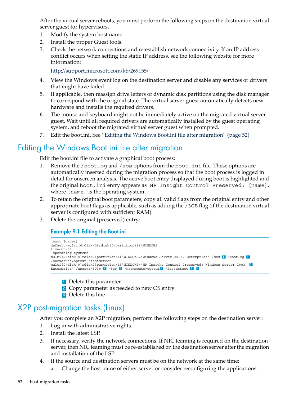 Editing the windows boot.ini file after migration, X2p post-migration tasks (linux), Editing the windows | HP Insight Control User Manual | Page 52 / 94