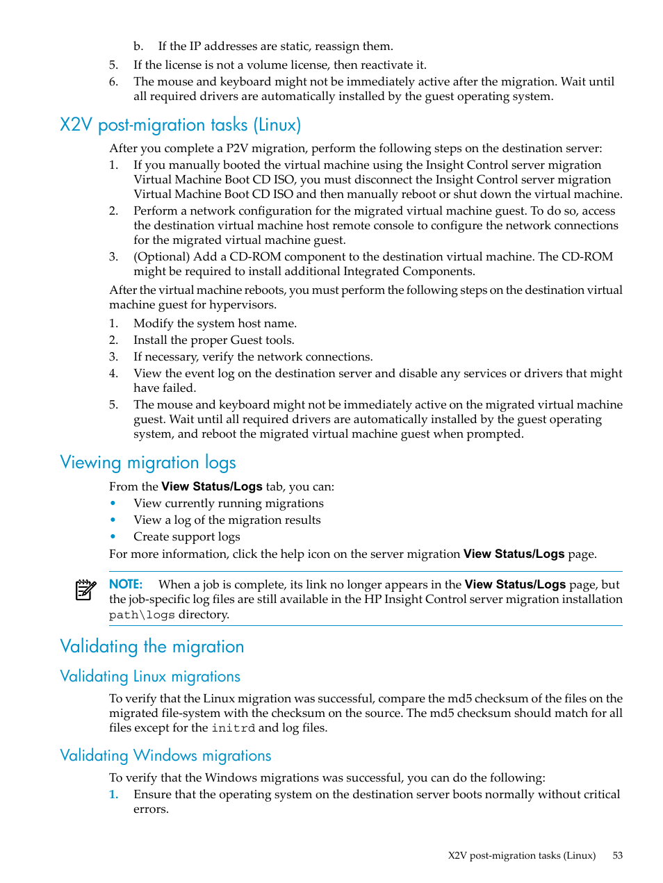 X2v post-migration tasks (linux), Viewing migration logs, Validating the migration | Validating linux migrations, Validating windows migrations | HP Insight Control User Manual | Page 53 / 94