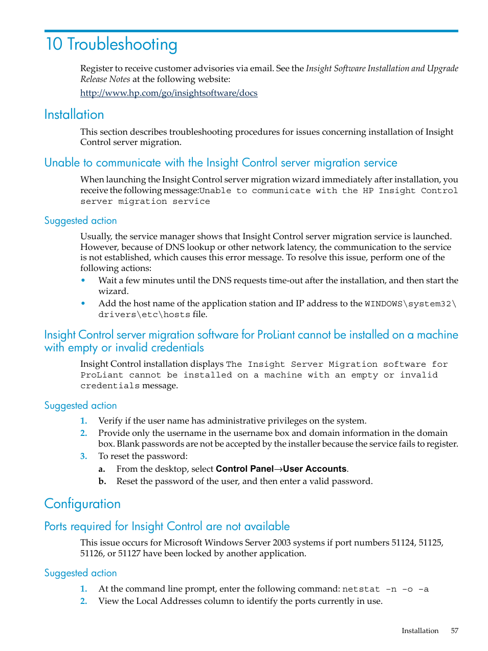 10 troubleshooting, Installation, Suggested action | Configuration | HP Insight Control User Manual | Page 57 / 94