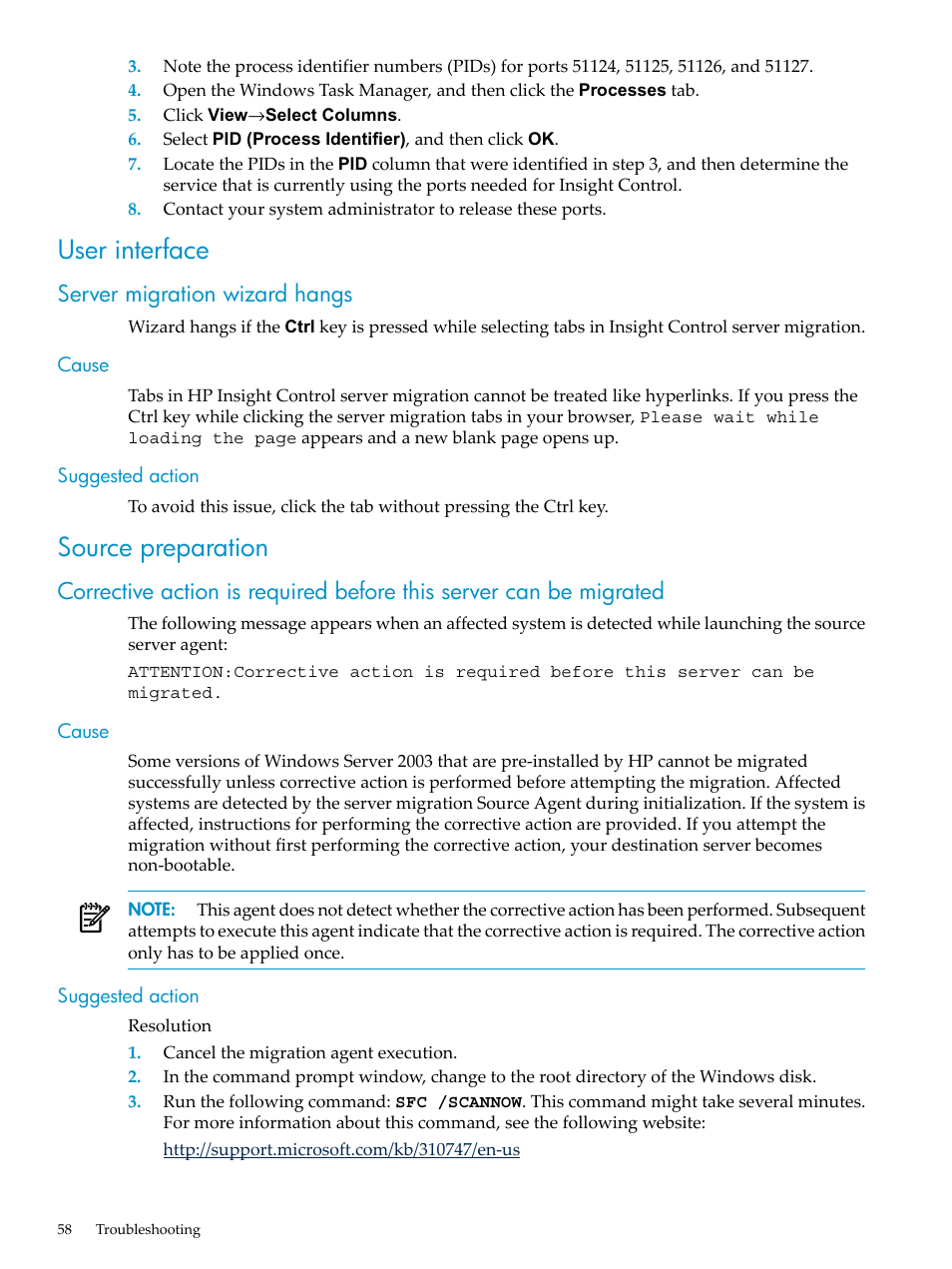 User interface, Server migration wizard hangs, Cause | Suggested action, Source preparation, Cause suggested action | HP Insight Control User Manual | Page 58 / 94