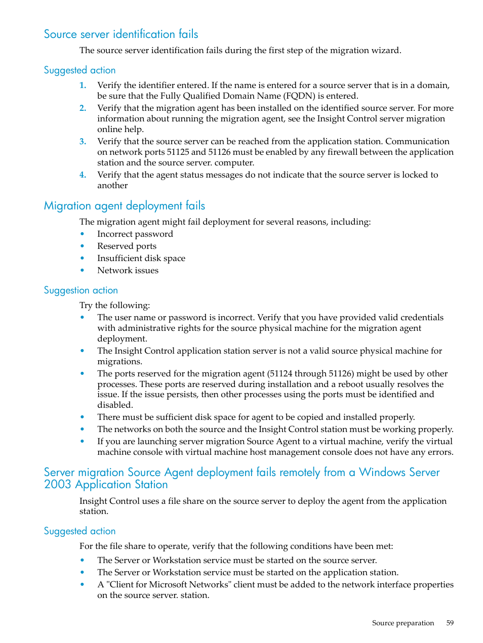 Source server identification fails, Suggested action, Migration agent deployment fails | Suggestion action | HP Insight Control User Manual | Page 59 / 94