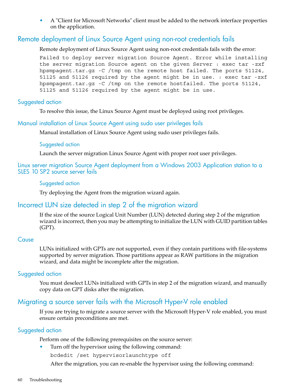 Suggested action, Cause, Cause suggested action | HP Insight Control User Manual | Page 60 / 94