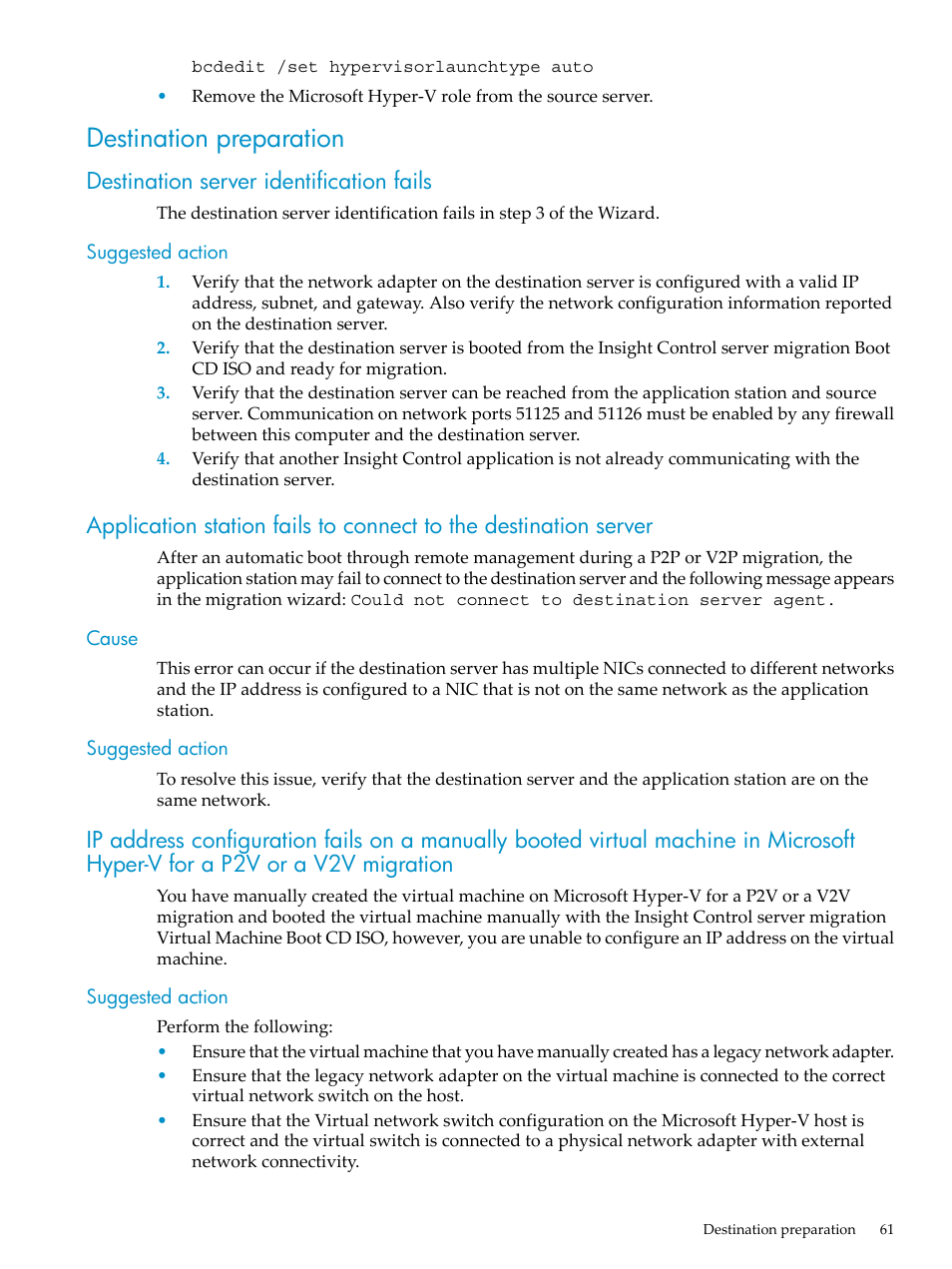 Destination preparation, Destination server identification fails, Suggested action | Cause, Cause suggested action | HP Insight Control User Manual | Page 61 / 94