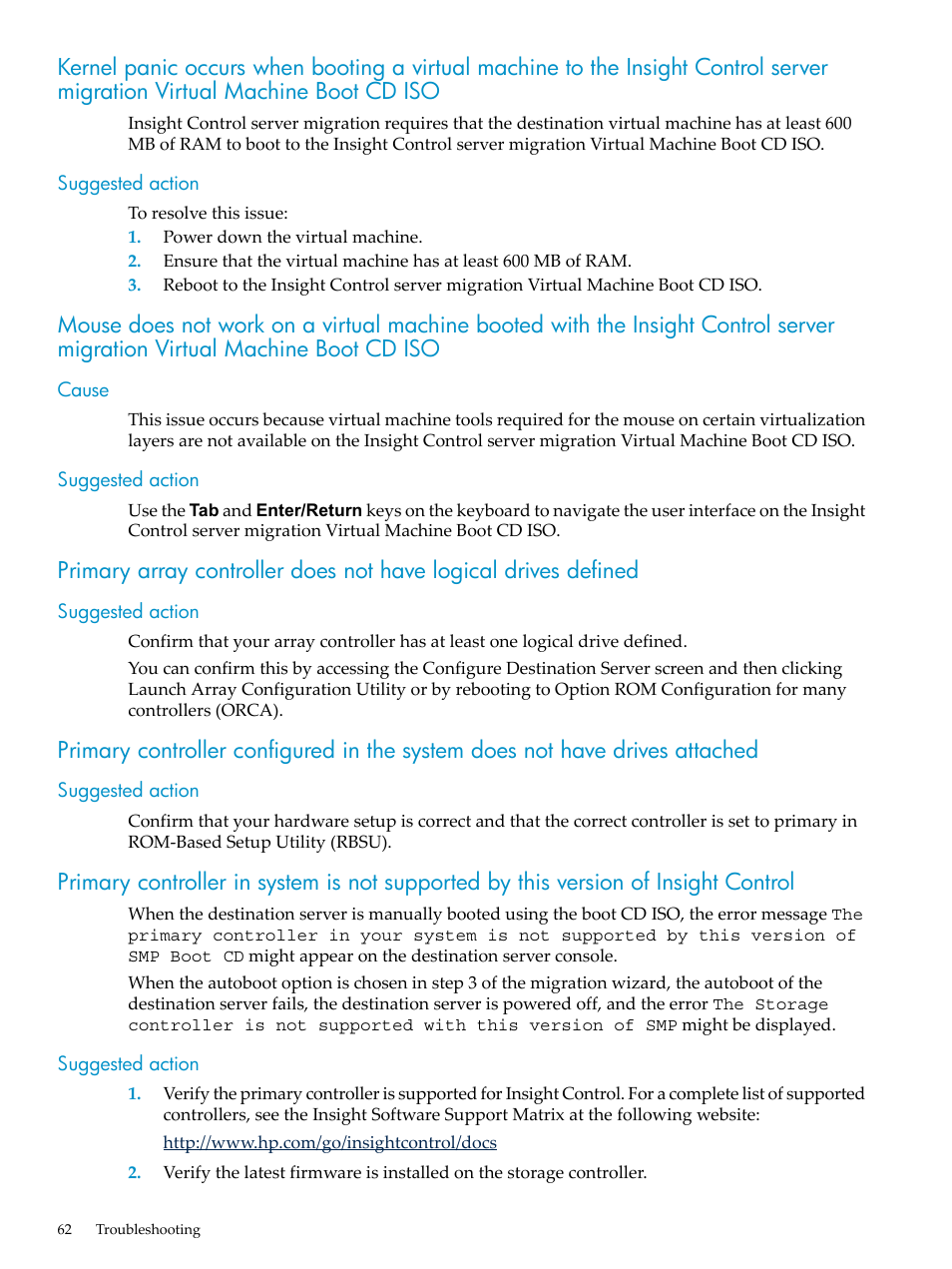 Suggested action, Cause, Cause suggested action | HP Insight Control User Manual | Page 62 / 94