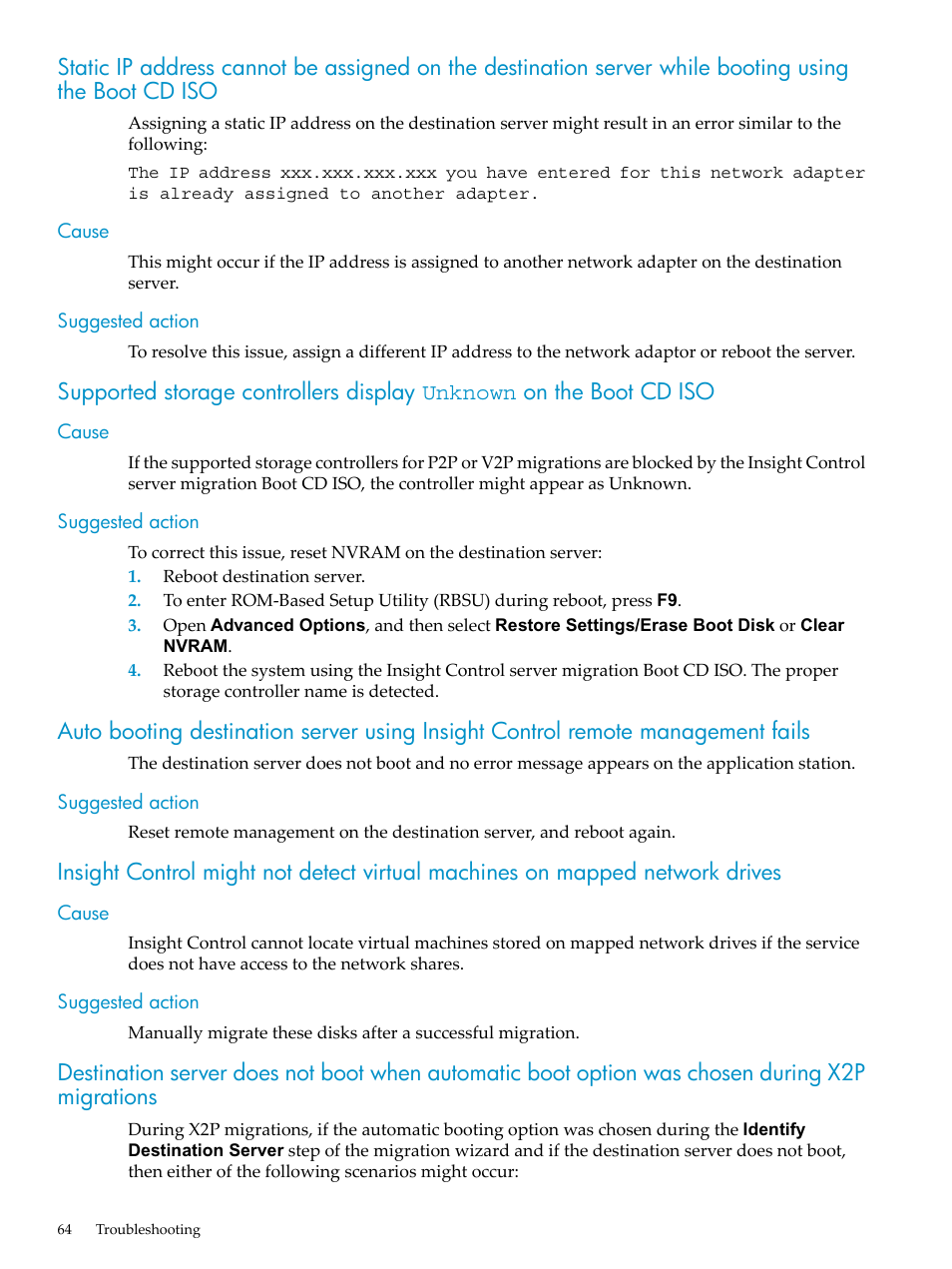 Cause, Suggested action, Cause suggested action | HP Insight Control User Manual | Page 64 / 94