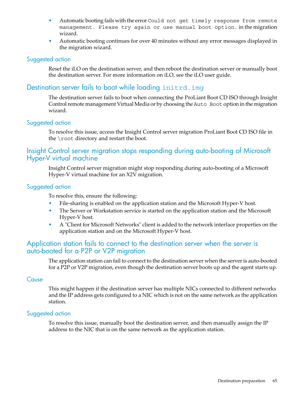 Suggested action, Cause, Cause suggested action | HP Insight Control User Manual | Page 65 / 94