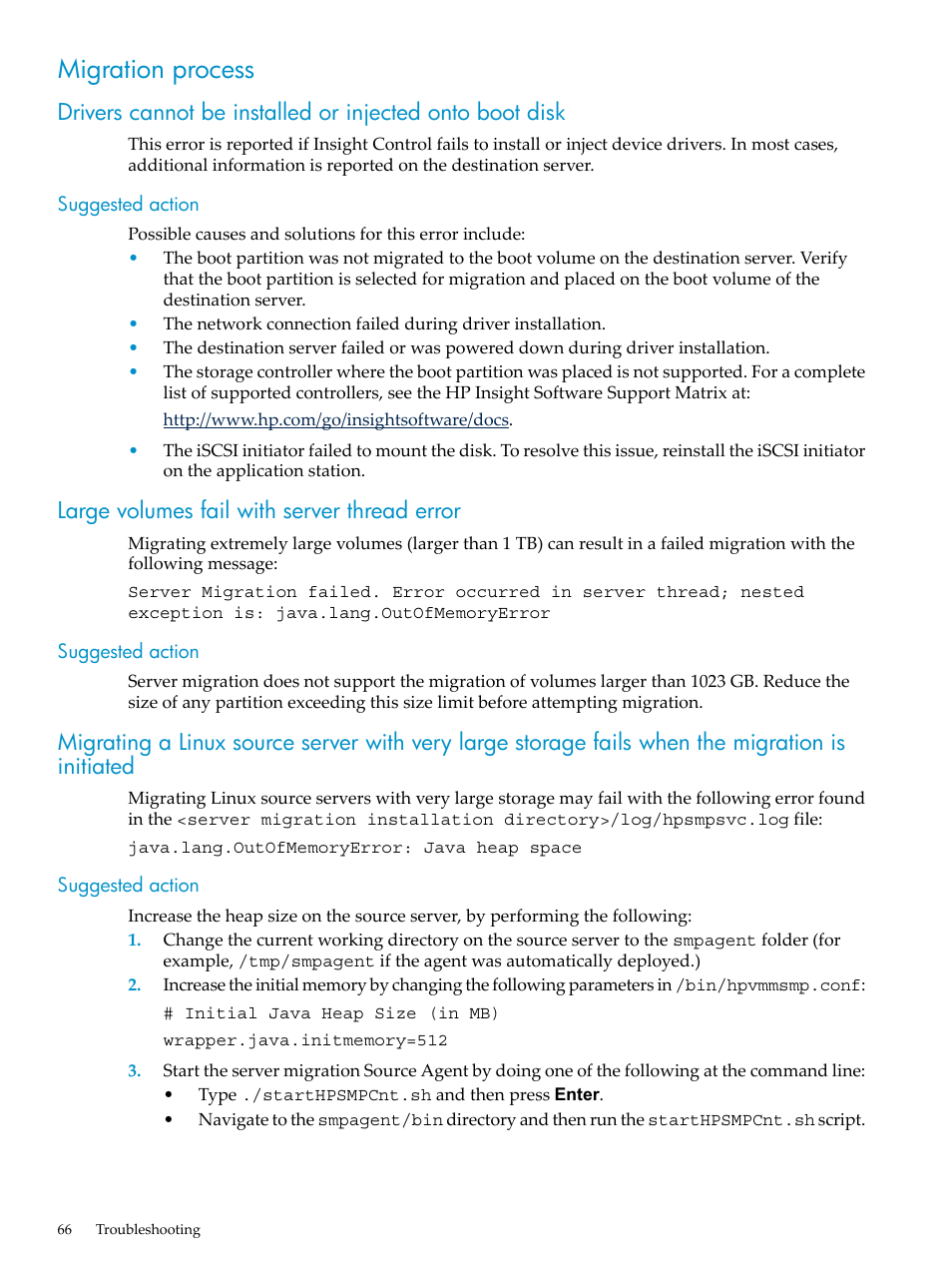 Migration process, Suggested action, Large volumes fail with server thread error | HP Insight Control User Manual | Page 66 / 94