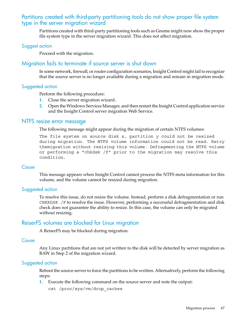 Suggest action, Suggested action, Ntfs resize error message | Cause, Reiserfs volumes are blocked for linux migration, Cause suggested action | HP Insight Control User Manual | Page 67 / 94