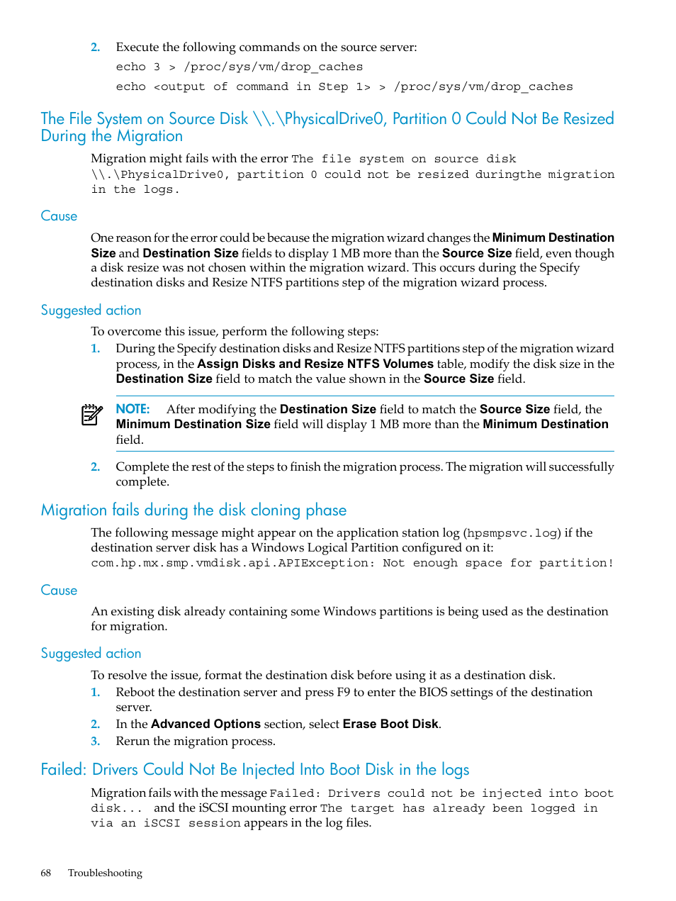 Cause, Suggested action, Migration fails during the disk cloning phase | Cause suggested action | HP Insight Control User Manual | Page 68 / 94