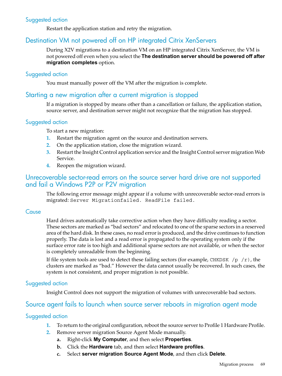 Suggested action, Cause, Cause suggested action | HP Insight Control User Manual | Page 69 / 94