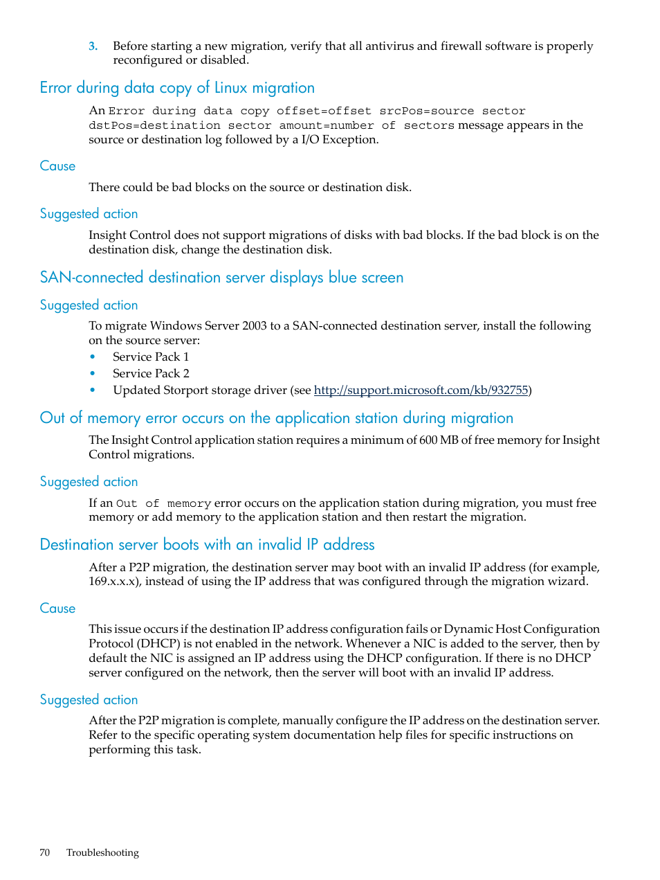 Error during data copy of linux migration, Cause, Suggested action | Cause suggested action | HP Insight Control User Manual | Page 70 / 94
