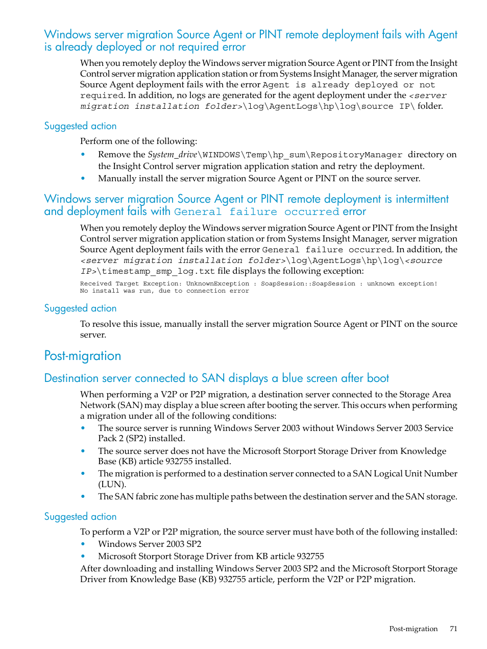 Suggested action, Post-migration | HP Insight Control User Manual | Page 71 / 94